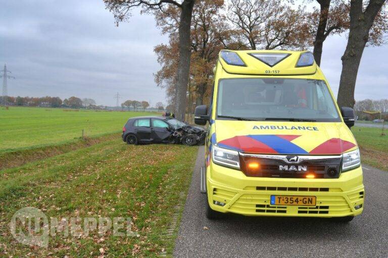 Frontale botsing tegen boom op Rijksweg Nijeveen; bestuurder met spoed naar ziekenhuis